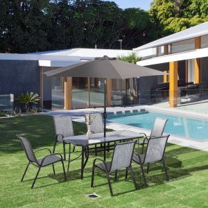 Outsunny 8 Pieces Patio Dining Set with Umbrella, 6 Chairs and Table, Grey
