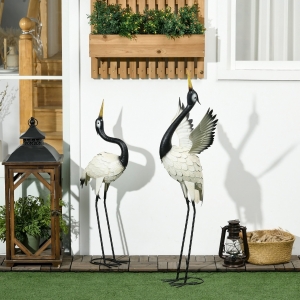 Outsunny Set of 2 Garden Sculptures Heron Statues Lawn Patio Backyard Ornaments, 35.4"-40.6", White and Black