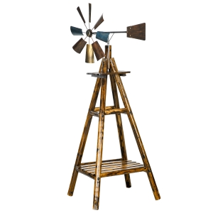 Outsunny Windmill Weather Vane, Wind Vane with Bottom Shelf, Steel Windmill Head, Stained Wood