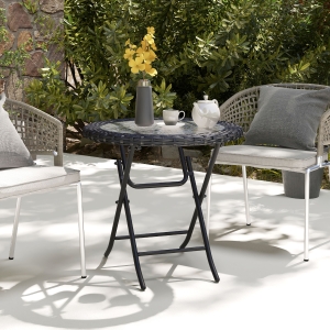 Outsunny Folding Round Tempered Glass Metal Table with Edging, Black