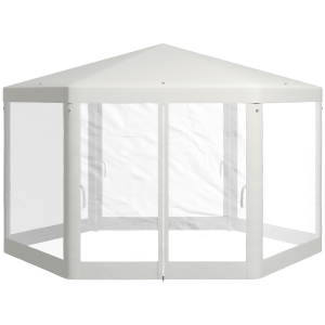 Outsunny 13' x 11' Outdoor Party Tent, Hexagon Sun Shade Shelter Canopy w/ Protective Mesh Sidewalls, Ropes & Stakes, Cream