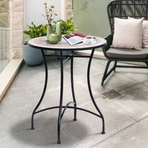 Outsunny 23.5" Mosaic Round Patio Table, Metal Side Bistro Coffee Table, Outdoor Furniture, Ceramic Tabletop for Garden Lawn