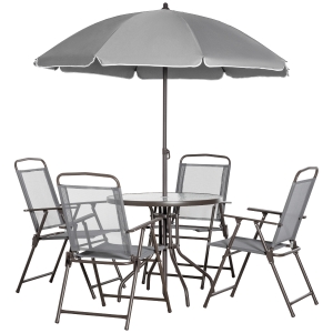 Outsunny 6 Piece Patio Dining Set for 4 with Umbrella, with 4 Folding Dining Chairs & Round Glass Table for Garden, Gray
