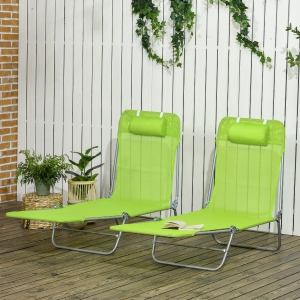 Outsunny Set of 2 Folding Chaise Lounge Chairs, Outdoor Poolside Sun Tanning Chairs w/ Pillow, Reclining Backrest, Green