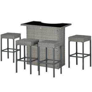Outsunny 5 Piece Rattan Wicker Bar Set, High Top Outdoor Table and Chairs, Bar Height Patio Set, 2 Shelves & 4 Bar Stools, Gray