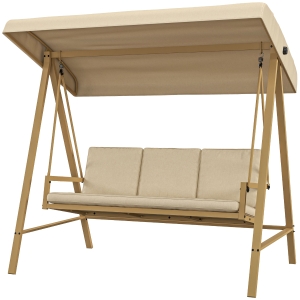Outsunny 3-Person Patio Swing Chair, Outdoor Porch Swing with Adjustable Canopy, Removable Cushions for Garden, Backyard, Beige