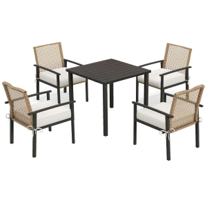 Outsunny 5 Pieces Outdoor Dining Set for 4, Wicker Rattan Patio Furniture Set, Patio Table and Chairs Set with Cushions, Square Metal Table Top, Conversation Set for Garden, Backyard, Deck, Beige