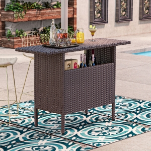 Outsunny Bar Height Outdoor Rattan Table, Patio Wicker Bar Table with 2 Storage Shelves, 55.1" x 18.5" x 37", Brown