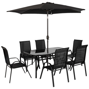 Outsunny 8 Pieces Patio Furniture Set with 9Ft Patio Umbrella, Outdoor Dining Table and Chairs, Black