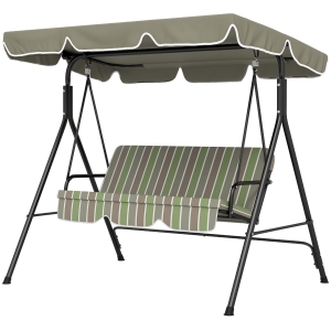 Outsunny 3-Seat Outdoor Patio Swing Chair w/ Cushion, Steel Frame Stand, Adjustable Tilt Canopy for Patio, Garden, Beige & Green
