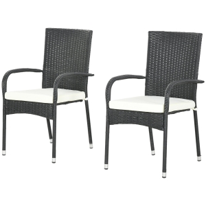 Outsunny Stackable PE Rattan Outdoor Dining Chairs with Cushion, Patio Wicker Dining Chair with Armrests & Backrest, Cream White