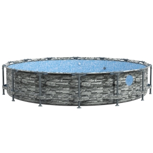 Outsunny Round Above Ground Pool, Metal Frame Pool with Cartridge Filter Pump and Repair Patch, 14' x 33", Gray Brick