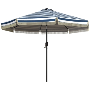 Outsunny 9ft Patio Umbrella Outdoor Table Umbrella w/ Tilt, Crank, Ruffled, 8 Ribs for Garden, Deck, Pool, Blue Stripe