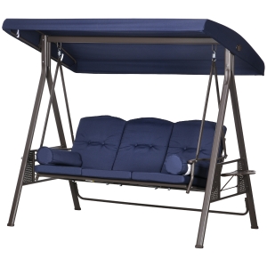 Outsunny 3-Seat Outdoor Porch Swing Chair with Adjustable Canopy, Cushion and Pillows for Garden, Poolside, Dark Blue