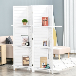 HOMCOM 4-Panel Wall Partition Room Separator with 3 Storage Shelves Foldable Design Wooden Frame 5.6FT White