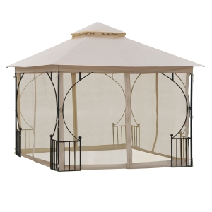 Outsunny 10' x 10' Patio Gazebo Canopy Outdoor Pavilion with Mesh Netting SideWalls, 2-Tier Polyester Roof, & Steel Frame, Beige