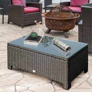 Outsunny Rattan Coffee Table, Patio Side Table, Hand-woven Wicker Furniture with Tempered Glass Top Outdoor Garden Patio, Black