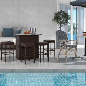 Outsunny 5 Pieces Patio Bar Set, Outdoor PE Rattan Wicker High Top Outdoor Table and Chairs Outdoor Bar Set with Tempered Glass Top Bar Table and Shelves, 4 Bar Chairs, Dark Brown