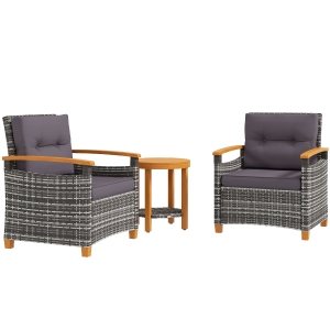 Outsunny Outdoor Bistro Set Wicker Patio Furniture with Cushions for Porch, Backyard, Garden, Gray