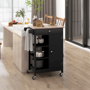 HOMCOM Modern Rolling Kitchen Island Cart with Drawer, Natural Wood Top, Towel Rack, Door Storage Cabinet, Black