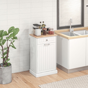 HOMCOM Kitchen Tilt Out Trash Bin Cabinet, Free Standing Recycling Cabinet, Trash Can Holder with Drawer, White