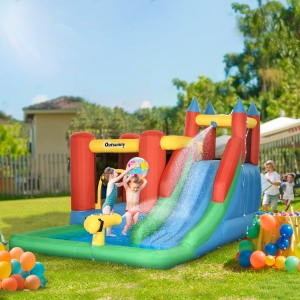 Outsunny Kids Inflatable 6 in 1 Bouncy Castle House Trampoline Slide Water Pool Gun Climbing Wall Basket with Inflator for Kids Age 3-12 Summer 11.5' x 8.8' x 7' Multi-color