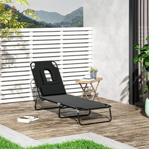 Outsunny Adjustable Outdoor Lounge Chair, Garden Folding Chaise Lounge with Face Hole Reclining Tanning Chair Seat, Folding Camping Beach Lounging Bed w/ Support Pillow, Black