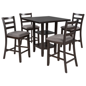5-Piece Wooden Counter Height Dining Set with Padded Chairs and Storage Shelving, 35.4''L x 35.4''W x 36.2''H Table, 17.5''L x 22''W x 39.2''H Chairs, Espresso