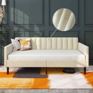Elena Twin Size Velvet Upholstered Daybed Frame with Ribbed Tufted Backrest, Squeak-Free Durable Metal Frame, Bentwood Slat System, Easy Assembly, Ivory