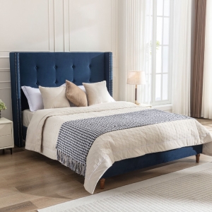 Peyton Upholstered King Bed Frame with 54" High Headboard, Traditional Hand Buttoned Tufting, Nailhead Trim Wingback, No Box Spring Needed, Easy Assembly, 85.8" x 83.6" x 54.0", Blue