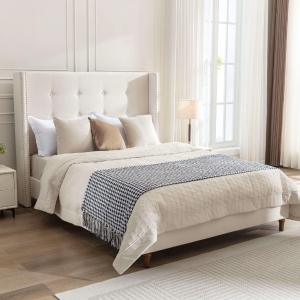 Peyton Upholstered Queen Bed Frame with 54" High Headboard, Hand Buttoned Tufting, Nailhead Trim Wingback, No Box Spring Needed, Easy Assembly, Ivory Velvet, Ivory