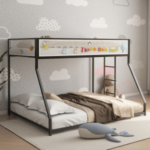 Twin Over Full Bunk Metal Bed Frame with Mesh Guard Rail, Adjustable Ladder, and Noise-Reducing EVA Pad, for Kids Bedrooms, Black