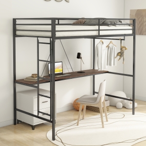 Adam Twin Loft Bunk Metal Bed Frame with Desk and Closet Rod, Guardrails, Easy Assembly, 76.69″ L x 40.94″ W x 72.01″ H, Black