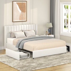 Queen Size Upholstered Platform Bed Frame with Patented 2 Drawers Storage, Tufted Headboard, Wooden Slat Support, for Bedroom, No Box Spring Needed, Ivory