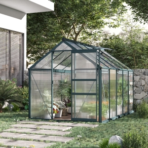 Outsunny 6' x 10' x 6.6' Polycarbonate Greenhouse, Walk-In Green House Kit Garden, Plants Grow, Galvanized Sheet Aluminum Frame with Rain Gutter, Vents and Sliding Door, Green