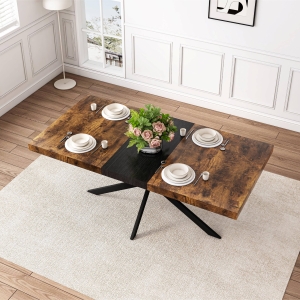 Retro Rectangular Stretch Dining Table, Antique Wood Top, Black Iron Base, with Storage Box, 55.11"-70.86", Black Brown