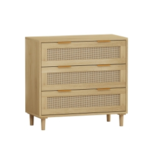 31.5" Rattan Storage Cabinet with 3 Drawers, Modern Oak Design, High-Quality MDF, Multi-Purpose for Bedroom, Living Room, Hallways, Oak
