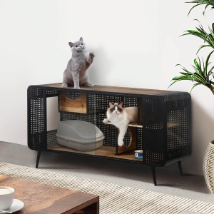 Spacious Cat House with Tempered Glass, Modern Style, Sturdy Fir Wood and Iron Frame, 55.12"L x 22.83"W x 29.92"H, Black+Brown