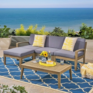 Transitional L-Shaped Patio Furniture Set, Acacia Wood Frame with Water-Resistant Cushions and Slat Panel Design, 27" L x 29.5" W x 26.25" H, Gray