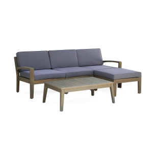 Transitional L-Shaped Patio Furniture Set, Acacia Wood Frame with Water-Resistant Cushions and Slat Panel Design, 27" L x 29.5" W x 26.25" H, Gray