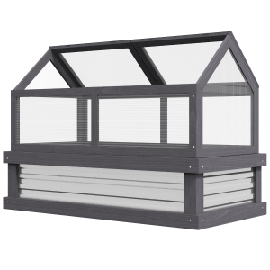 Outsunny Raised Garden Flower Bed Kit w/ Greenhouse, Wooden Cold Frame Planter, Gray