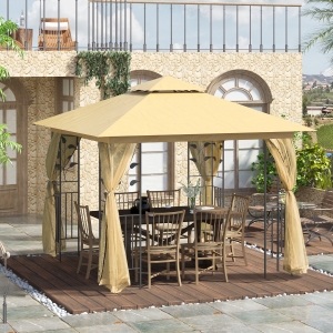 Outsunny 10'x10' Soft-top Steel Patio Gazebo Outdoor Sun Shelter with 2-Tier Polyester Roof, Curtain Sidewalls, Beige