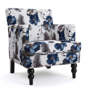 Retro style Tufted Club Chair with Birch Wood Legs, Button Tufted Diamond Stitch, Nailhead Accents, 28.75" L x 32" W x 34.5" H, White+Blue