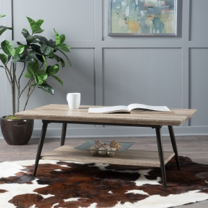 Vinsetto Mid-Century Coffee Table with Lower Shelf, Powder-Coated Steel Legs, MDF with Veneer, 43.25" L x 23.5" W x 17" H, Grey