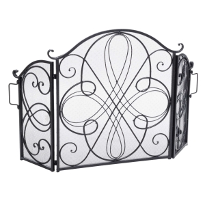 Retro style Fireplace Screen with Ornate Wrought Iron Design, Foldable Three-Panel Structure, 55.75" L x 1.75" W x 32.25" H, Black+Silver