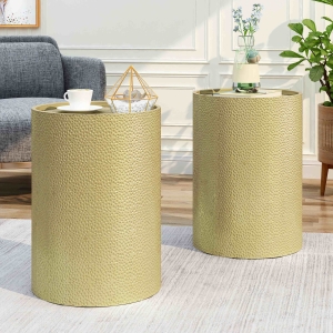 Hammered Metal Side Table Set of 2, Modern Iron Frame, No Assembly Required, 16" x 16" x 22.25", Gold