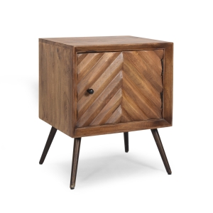 Mid-Century Modern Mango Wood Cabinet with Chevron Design, Wooden & Iron Nightstand, Handmade with Storage Space, 17.5" W x 15.0" D x 21.5" H, Dark Brown