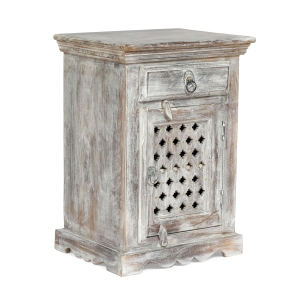 Vinsetto Wooden Nightstand with Drawer and Door, Handcrafted Boho Design, Durable Mango Wood Frame, 17.50"W x 14.00"D x 24.00"H, White