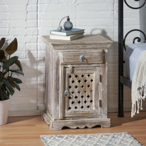 Vinsetto Wooden Nightstand with Drawer and Door, Handcrafted Boho Design, Durable Mango Wood Frame, 17.50"W x 14.00"D x 24.00"H, White