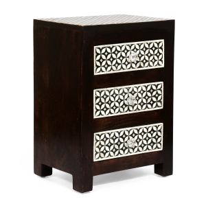 Handcrafted Boho Design with Mango Wood Frame and Buffalo Bone Inlay, Wooden 3-Drawer Nightstand, 17"W x 12"D x 24"H, Black + Dark Walnut